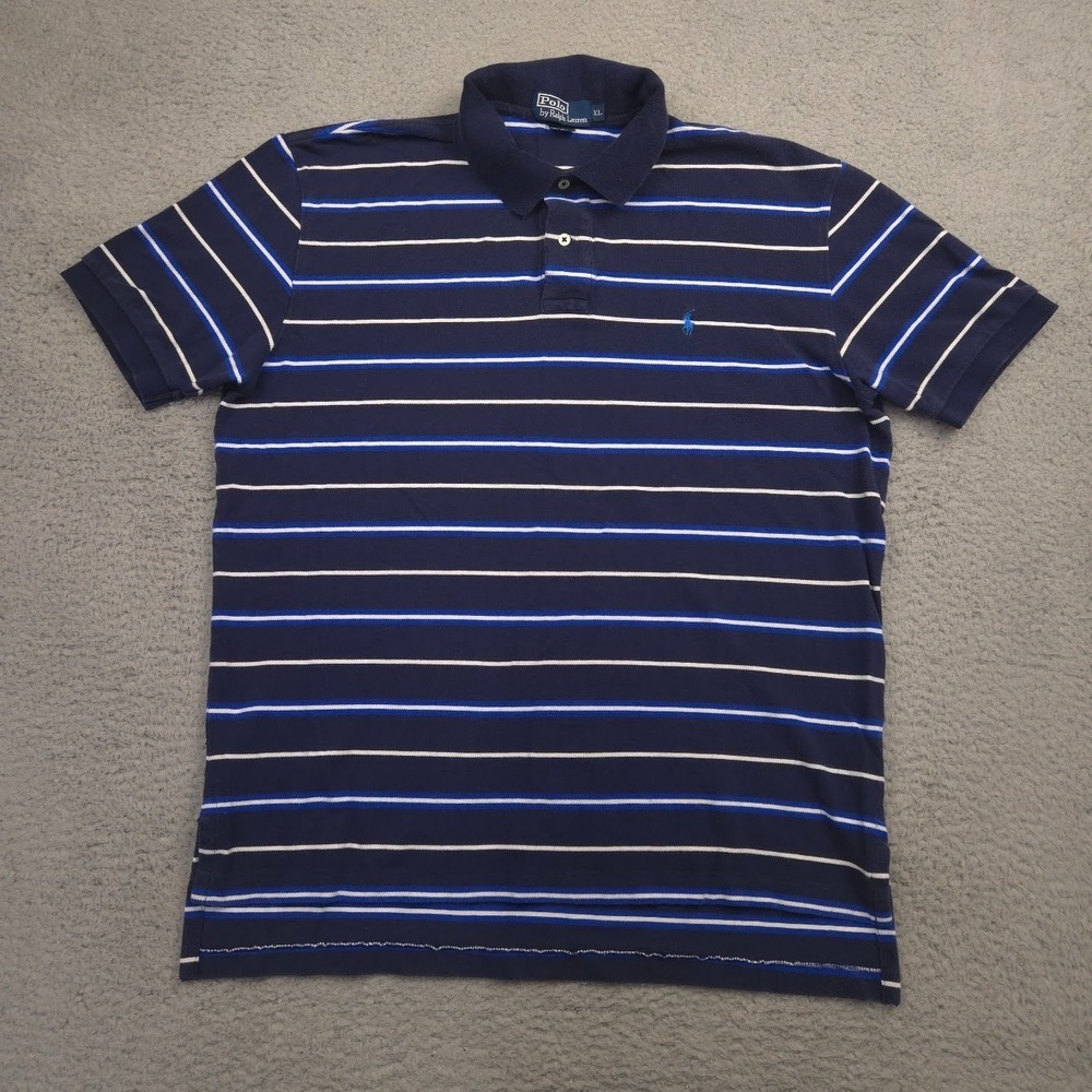 Polo Ralph Lauren Men's XL Navy Blue Striped Cotton Short Sleeve Polo Shirt